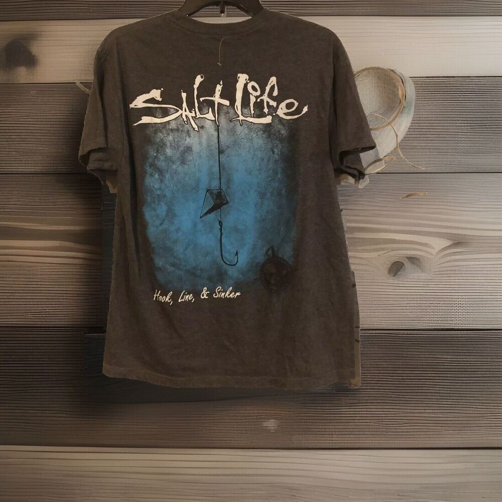 Salt Life T Shirt Men Large Gray Hook Line Sinker Fishing Pocket Graphic Tee